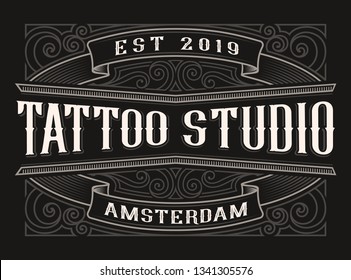 Vintage black and white lettering for the tattoo studio on the dark background. All items are in separate groups