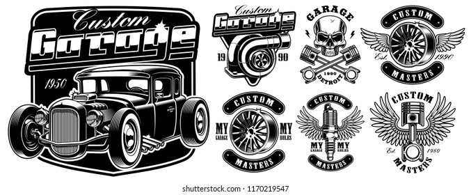 Vintage black and white logos, badges, shirt prints of car service.