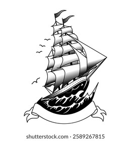 Vintage Black and White Nautical Tattoo Style Illustration of a Sailing Ship with Billowing Sails, Ocean Waves, Flying Seagulls, and a Blank Banner for Custom Text, Inspired by Traditional Maritime