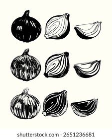 Coleção de cebola preta e branca vintage com cebolas inteiras, divididas em metade e fatias vermelhas e brancas. Ideal para embalagens de alimentos, impressões botânicas, gráficos culinários e decoração de cozinha.