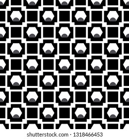 Vintage black and white pattern of squares and hexagons on black background. Pattern for fabric, background, texture, textile, Wallpaper, decoration, packaging paper. 