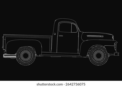 Ilustração da caminhonete preta e branca vintage em estilo de vetor nítido, isolada em um fundo escuro. O desenho detalhado destaca características clássicas do caminhão com linhas limpas e contraste arrojado,.
