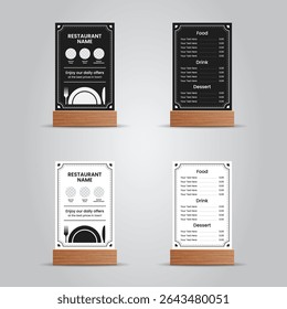 Vintage Black and White Restaurant Menu and Promo Stand Card Mockup with Wooden Holder