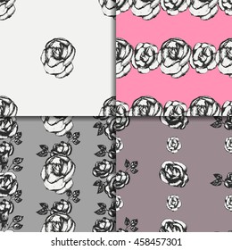 Vintage black and white rose seamless patterns. Digital paper set. Wrapping paper. Floral backgrounds