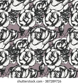 Vintage black and white roses, seamless pattern. Floral background.