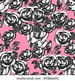 Vintage black and white roses, seamless pattern. Floral ornament on pink background.