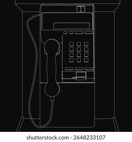 A vintage black and white rotary pay phone stands out against a dark background, featuring a classic handset and coiled cord. The retro street phone has a nostalgic charm with its detailed dial
