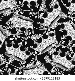 Vintage black and white seamless pattern with crown, roses. Chaotic scattered objects on black background. Luxury kitsch style.