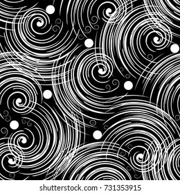 Vintage black white seamless pattern. Abstract floral background wallpaper with swirl circle radial lines, polka dots and geometric elements. Vector modern ornaments. Isolated line art tracery texture