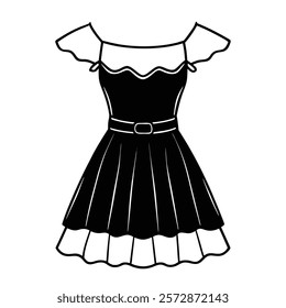 Vintage black and white sketch, retro 1950s dress, off-shoulder design, frilly details, full skirt, cinched waist, fashion illustration style, simple line drawing, iconic silhouette, classic feminine 