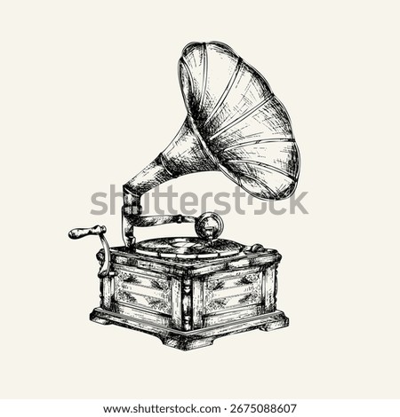 Vintage black and white sketch vector of a vinyl record player. Hand drawn monochrome outline illustration, retro turntable design for classic, antique, or nostalgic music themes.