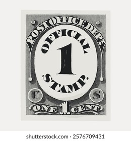 Vintage black and white stamp design featuring 'Official Stamp' and 'One Cent' text. Classic stamp style with intricate border and bold typography. Vintage art drawing, isolated vector element.