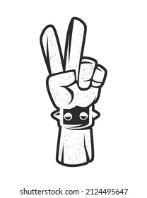 Vintage black and white stylized hand gesture V sign for victory or peace line art vector icon for apps and websites