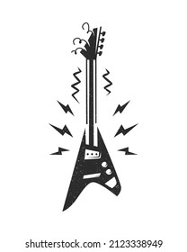 Vintage black and white stylized triangular electric guitar. Vector illustration