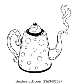 Vintage black and white tea kettle with hot steam. Rustic teapot with autumn herbal drink. Doodle illustration isolated on white background