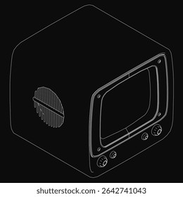 A vintage black and white television with a curved screen and classic design stands out against a dark background. The retro TV features simple front buttons and a nostalgic aesthetic, perfect for.