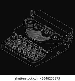 A vintage black and white typewriter sits on a solid black background, featuring a classic design with white keys and a sleek black body. The timeless aesthetic highlights retro technology