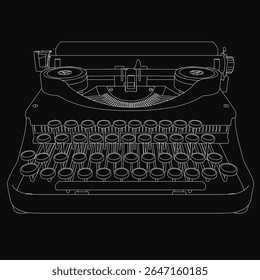 A vintage black and white typewriter stands out against a solid black background, featuring a classic design with white keys and a sleek black body. The timeless aesthetic evokes nostalgia