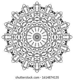 Vintage black and white vector mandala pattern. Ornamental decorative plate. Patterned monochrome lacy background. Round floral ornament. Lace Mandala design. Vintage flowers, leaves, swirls, lines.