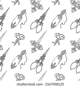 vintage black and white vector pattern. ornament for design. antique items curly scissors, a dagger with jewels, a peony, a glass bottle. line drawing