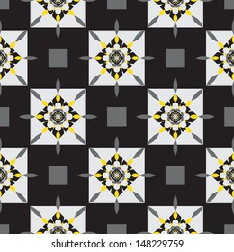 Vintage black and white with yellow accents Mandala Flower Pattern on chess background