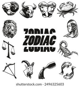 Vintage black and white zodiac vector line art illustrations. This is editable design asset that applicable for many design purposes: tshirt, posters, magazine, merchandise, etc. 