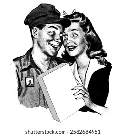 A vintage black-and-white illustration of a happy couple excitedly looking at a blank package. Retro halftone style, ideal for advertising, nostalgia, and classic print designs.