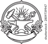 Vintage blacksmith badge vector featuring a traditional anvil, hammer, tongs, and hot forged metal in a classic engraved style. Ideal for blacksmith shops, metal forging businesses, tool brands, workshops, logos, labels, packaging, apparel, and retro branding projects. Scalable vector isolated on a white background.
