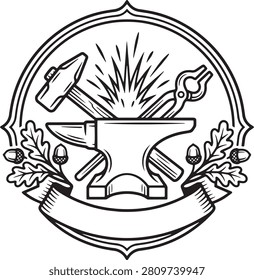 Vintage blacksmith badge vector featuring a traditional anvil, hammer, tongs, and hot forged metal in a classic engraved style. Ideal for blacksmith shops, metal forging businesses, tool brands, workshops, logos, labels, packaging, apparel, and retro branding projects. Scalable vector isolated on a white background.