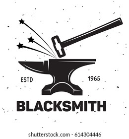 Vintage blacksmith labels and design elements with hammers anvil horseshoe and inscriptions. Isolated vector illustration.