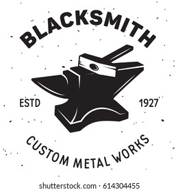 Vintage blacksmith labels and design elements with hammers anvil horseshoe and inscriptions. Isolated vector illustration.