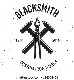 Vintage blacksmith labels and design elements with hammers anvil horseshoe and inscriptions. Isolated vector illustration.