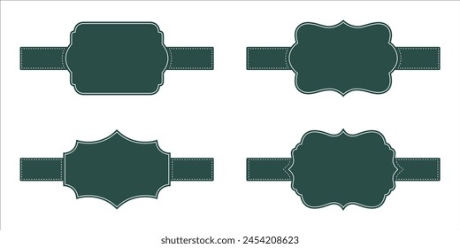 Vintage blank frames set with stitched effect and ribbon templates for decorative retro ornamental designs vector shapes in green color. Set of Islamic frames shapes badges. Vector Shapes