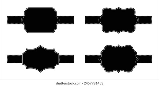Vintage blank frames set with stitched effect and ribbon templates for decorative retro designs. Set of Islamic frames shapes badges in black color.