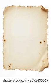 A vintage blank paper with an aged and worn appearance, featuring slightly burnt and torn edges, ideal for antique-style projects, isolated on white background	