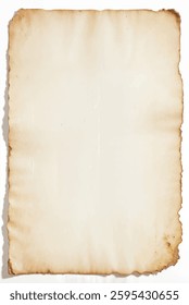 A vintage blank paper with an aged and worn appearance, featuring slightly burnt and torn edges, ideal for antique-style projects, isolated on white background	