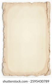 A vintage blank paper with an aged and worn appearance, featuring slightly burnt and torn edges, ideal for antique-style projects, isolated on white background	