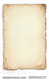 A vintage blank paper with an aged and worn appearance, featuring slightly burnt and torn edges, ideal for antique-style projects, isolated on white background	