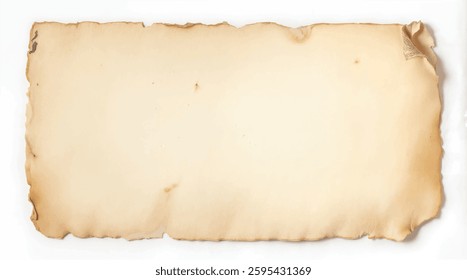 A vintage blank paper with an aged and worn appearance, featuring slightly burnt and torn edges, ideal for antique-style projects, isolated on white background	