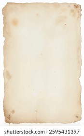 A vintage blank paper with an aged and worn appearance, featuring slightly burnt and torn edges, ideal for antique-style projects, isolated on white background	