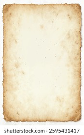 A vintage blank paper with an aged and worn appearance, featuring slightly burnt and torn edges, ideal for antique-style projects, isolated on white background	