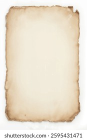 A vintage blank paper with an aged and worn appearance, featuring slightly burnt and torn edges, ideal for antique-style projects, isolated on white background	