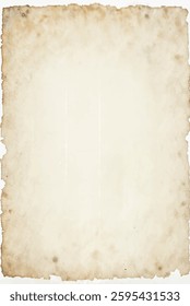 A vintage blank paper with an aged and worn appearance, featuring slightly burnt and torn edges, ideal for antique-style projects, isolated on white background	