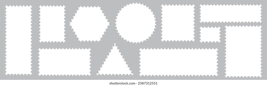 Vintage blank postage stamps isolated on white background. Collection perforated paper mark. Flat design. Vector illustration.  postage stamp border set vectors, blank postage stamp in flat design