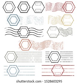 ็Hexagon vintage blank postal stamps and foliage set.illustration vector