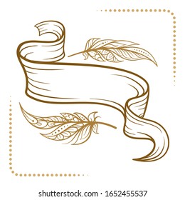 Vintage blank scroll with boho style feathers decoration. Retro style vector graphic.