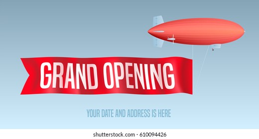 Vintage Blimp With Grand Opening Banner Vector Illustration. Template Decorative Design Element For Opening Ceremony