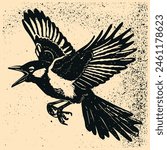 Vintage block print from the wild west, crow flying with open wings , black ink on beige paper by woodcut and linocut stye
