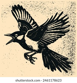 Vintage block print from the wild west, crow flying with open wings , black ink on beige paper by woodcut and linocut stye