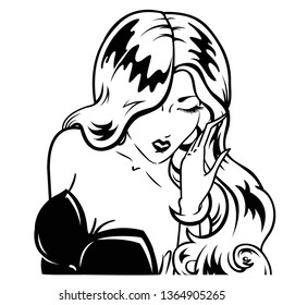 Vintage Blonde Pin Up Woman Portrait With Long Hair Retro Lady In Pop Art 1950's Style Black And White Comics Character Smiling And Amazed Vector Illustration Close Up On White